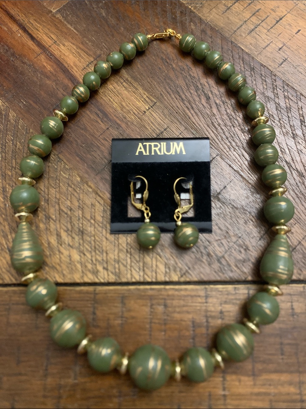 Atrium Olive Green Beaded Necklace with Gold Accent Earrings
